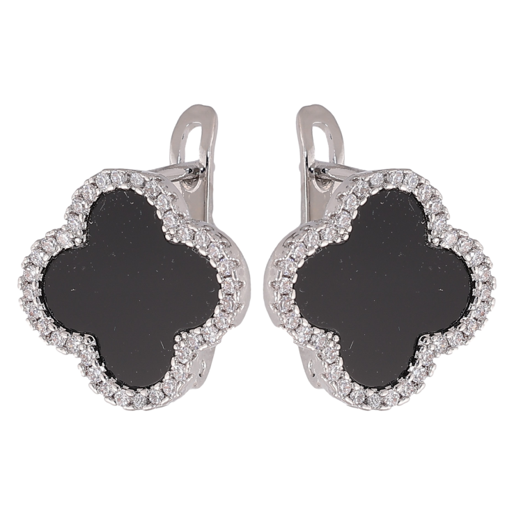 Серьги Нержавеющая сталь английский замок "Клевер с черными вставками и кристаллами" фото №12