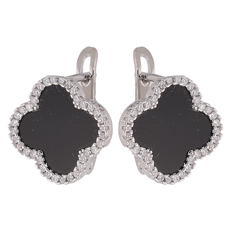 Серьги Нержавеющая сталь английский замок "Клевер с черными вставками и кристаллами" фото №1