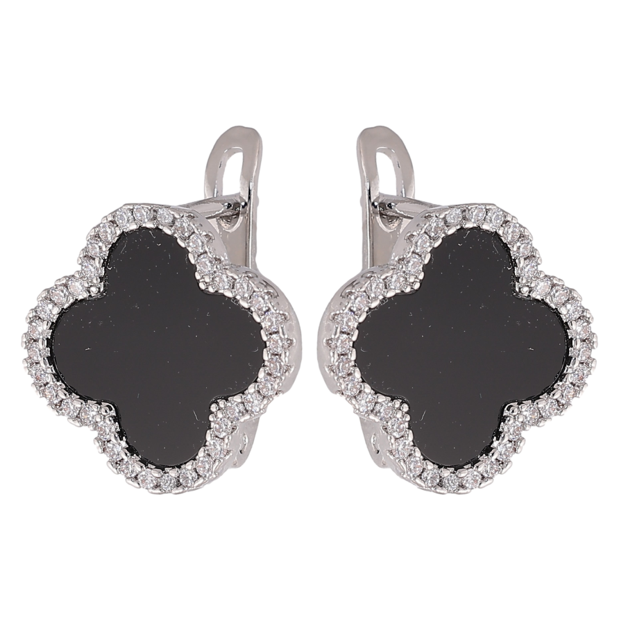 Серьги Нержавеющая сталь английский замок "Клевер с черными вставками и кристаллами" фото №1