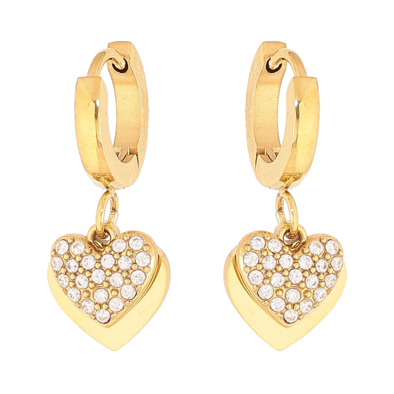 Сережки Нержавіюча сталь підвіски на колечках "Сердечки з кристалами" фото №1