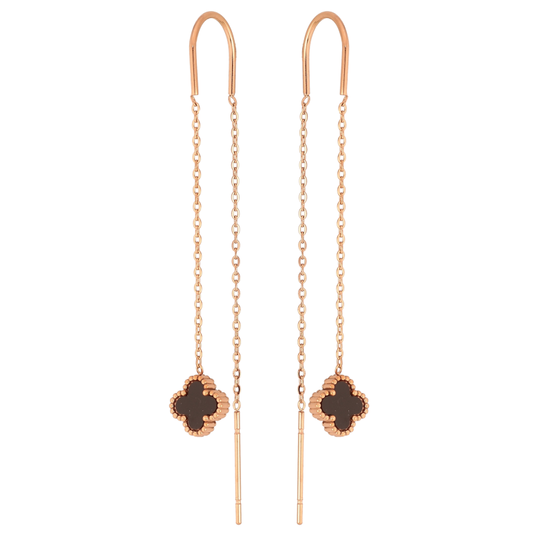 Сережки Нержавіюча сталь протяжки "Конюшина з чорною вставкою на ланцюжку" фото №1