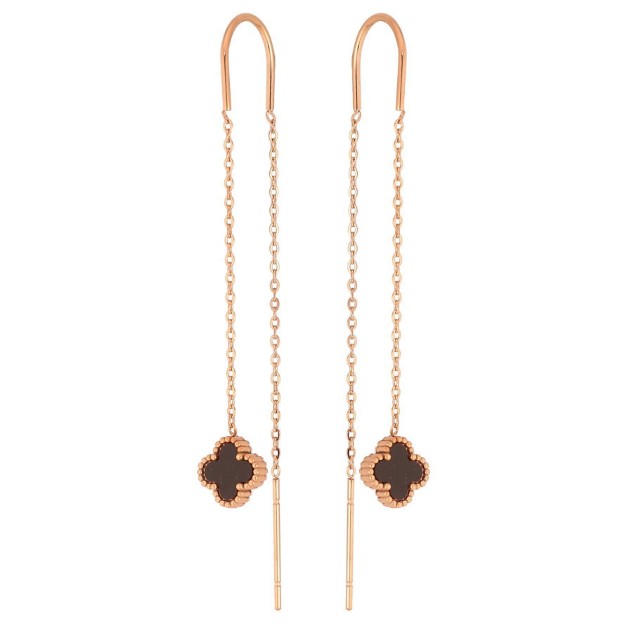 Сережки Нержавіюча сталь протяжки "Конюшина з чорною вставкою на ланцюжку" фото №1