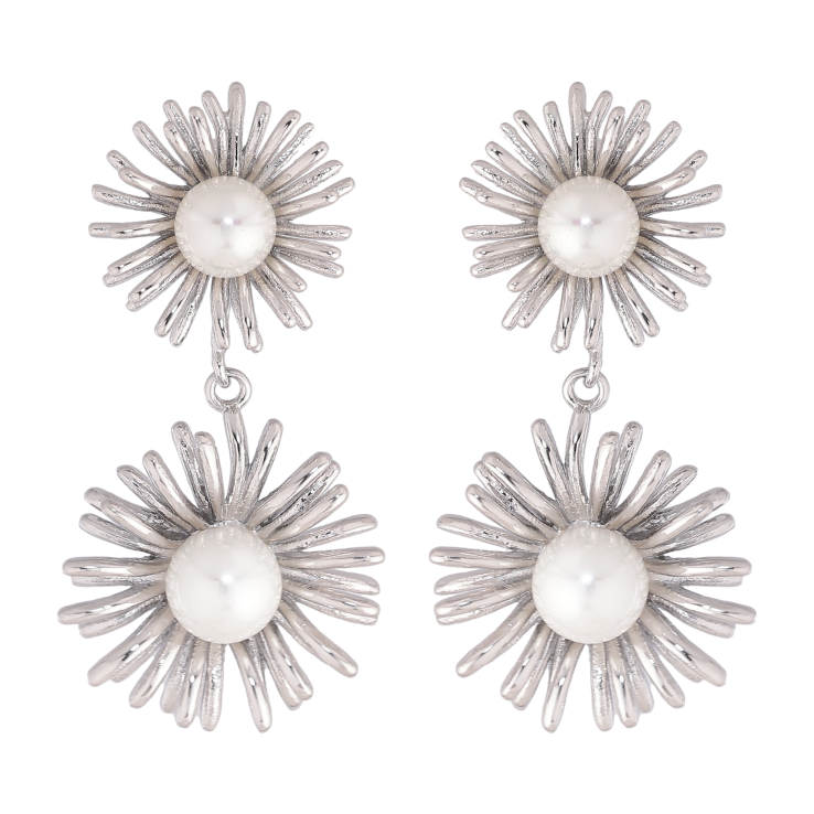 Сережки Нержавіюча сталь пусети "Квіткові підвіски з перлинами" фото №6