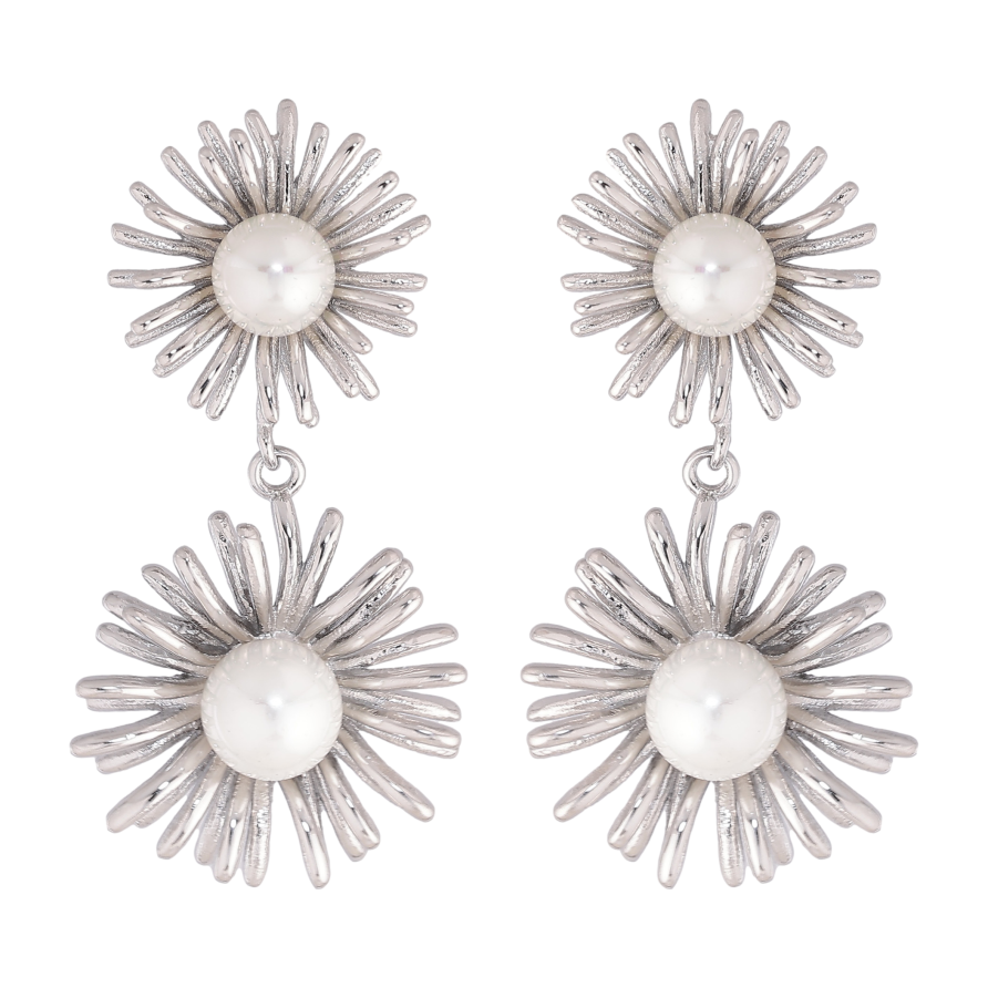 Сережки Нержавіюча сталь пусети "Квіткові підвіски з перлинами" фото №1