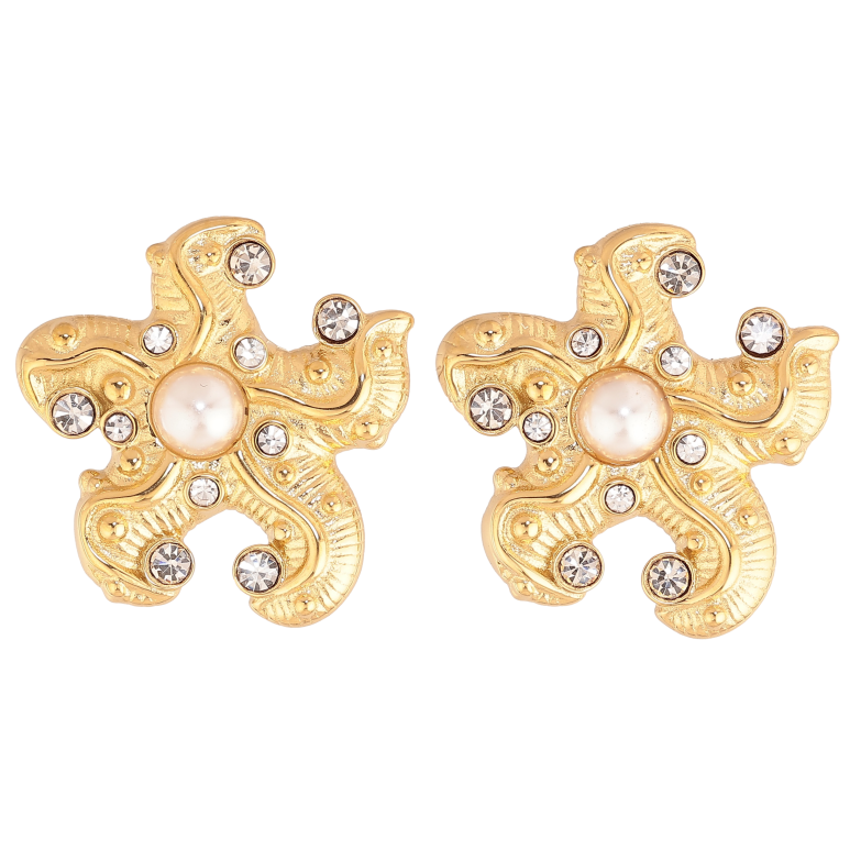 Сережки Нержавіюча сталь пусети "Морські зірки з перлинами та кристалами" фото №11 Сережки Нержавіюча сталь пусети "Морські зірки з перлинами та кристалами" фото №11