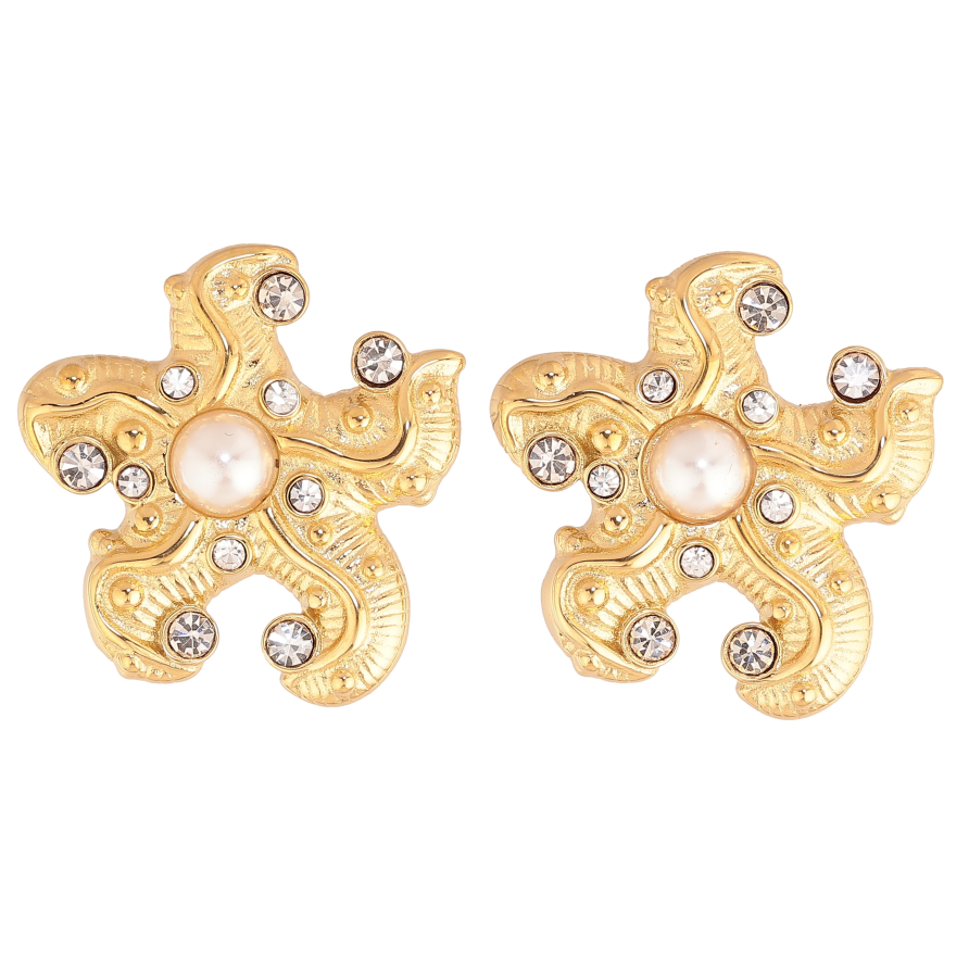 Сережки Нержавіюча сталь пусети "Морські зірки з перлинами та кристалами" фото №1 Сережки Нержавіюча сталь пусети "Морські зірки з перлинами та кристалами" фото №1