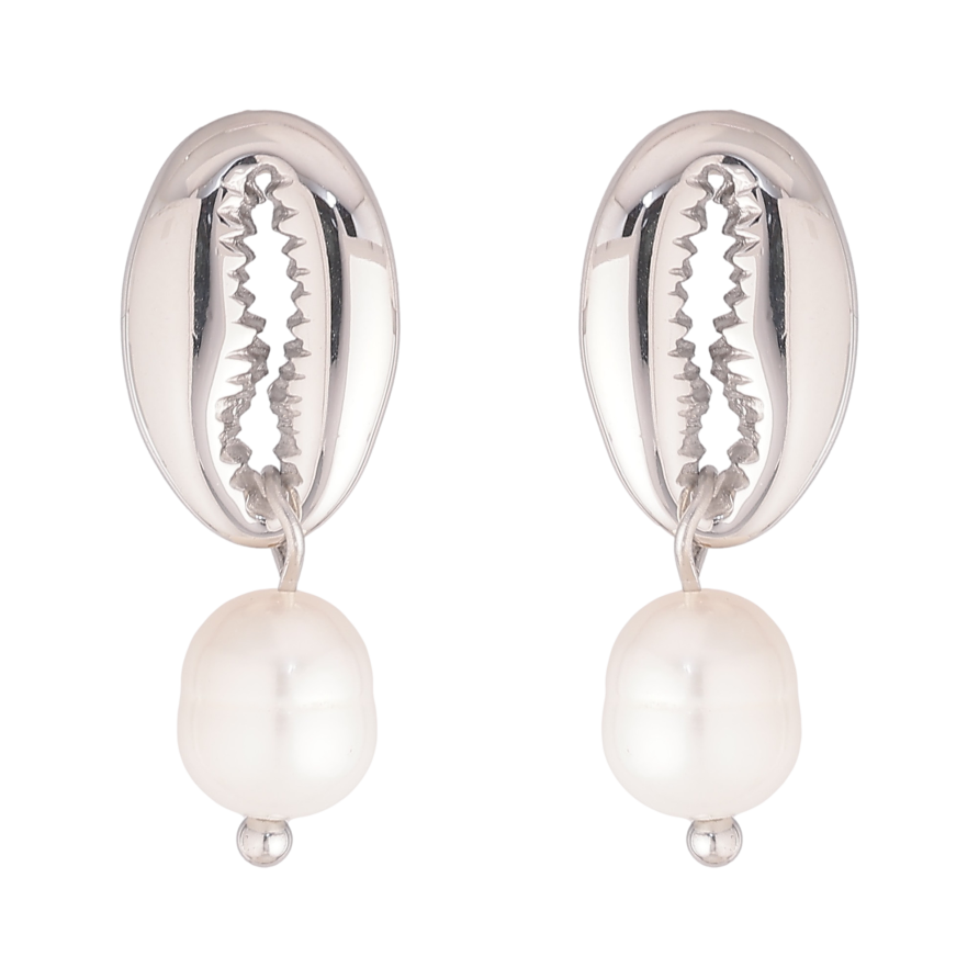 Серьги Нержавеющая сталь пусеты "Ракушки каури с жемчужинами" фото №1