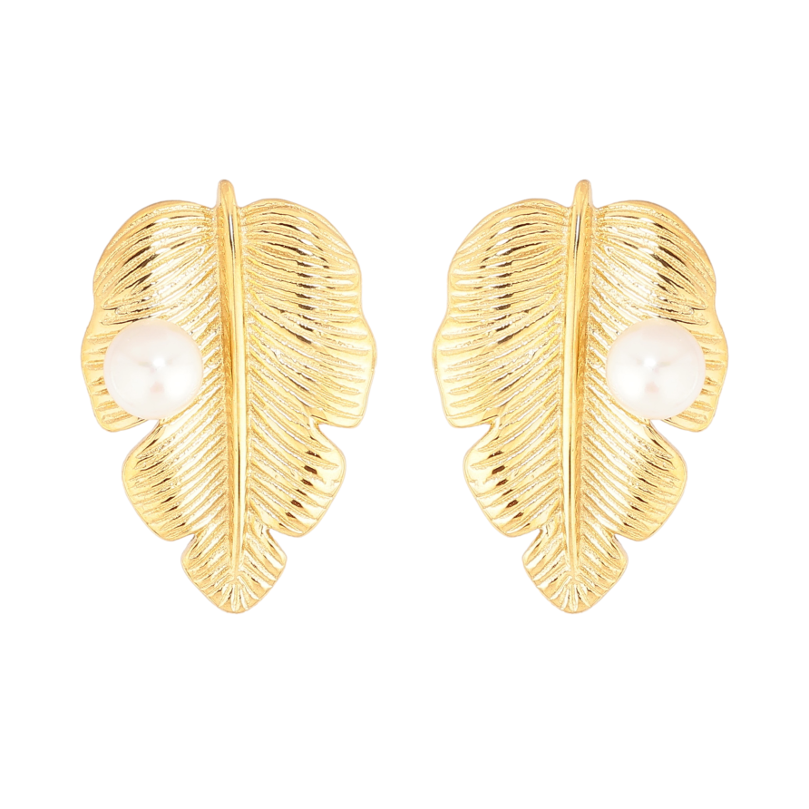 Сережки Нержавіюча сталь пусети "Листочки з перлинами" фото №1 Сережки Нержавіюча сталь пусети "Листочки з перлинами" фото №1