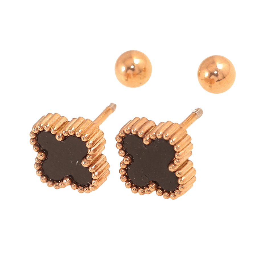 Сережки Нержавіюча сталь пусети на закрутках "Конюшина з чорними вставками" 8х8мм фото №1