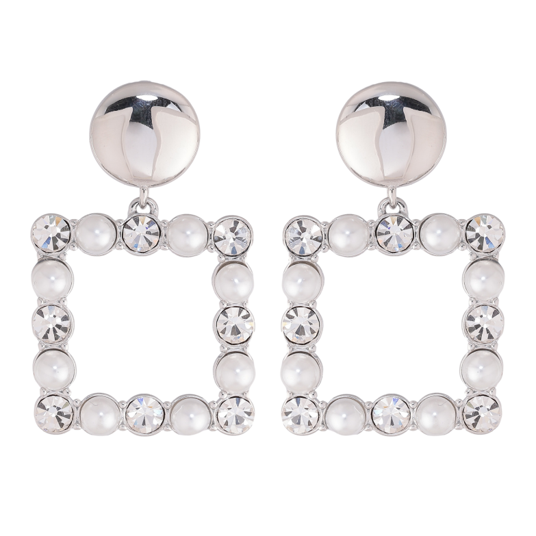 Серьги Нержавеющая сталь пусеты "Квадратные подвески с кристаллами и жемчужинами" фото №1