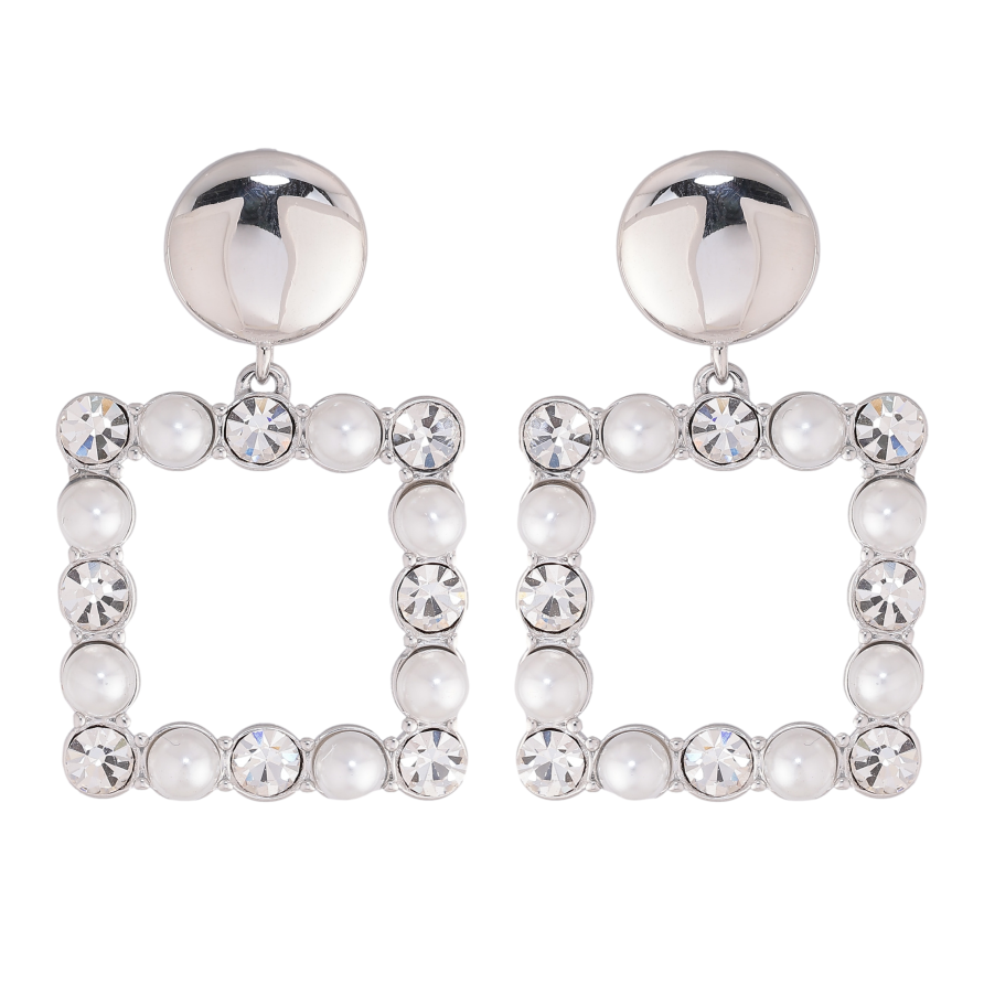 Серьги Нержавеющая сталь пусеты "Квадратные подвески с кристаллами и жемчужинами" фото №1