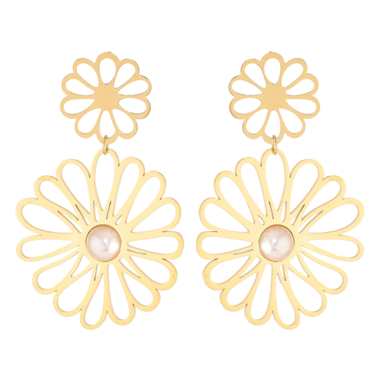 Серьги Нержавеющая сталь пусеты "Цветочные подвески с жемчужинами" фото №1 Серьги Нержавеющая сталь пусеты "Цветочные подвески с жемчужинами" фото №1