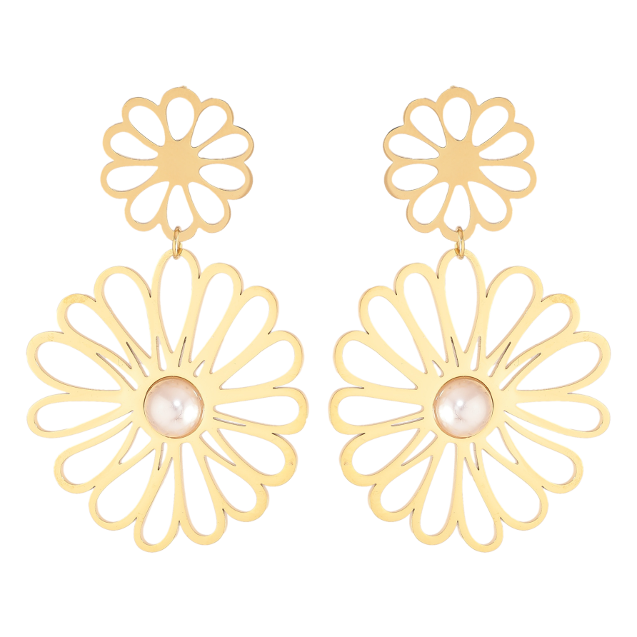 Сережки Нержавіюча сталь пусети "Квіткові підвіски з перлинами" фото №1 Сережки Нержавіюча сталь пусети "Квіткові підвіски з перлинами" фото №1