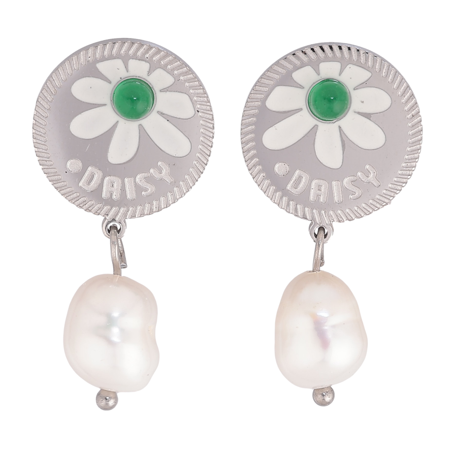 Серьги Нержавеющая сталь пусеты "Жемчужные подвески с цветочным узором" фото №1