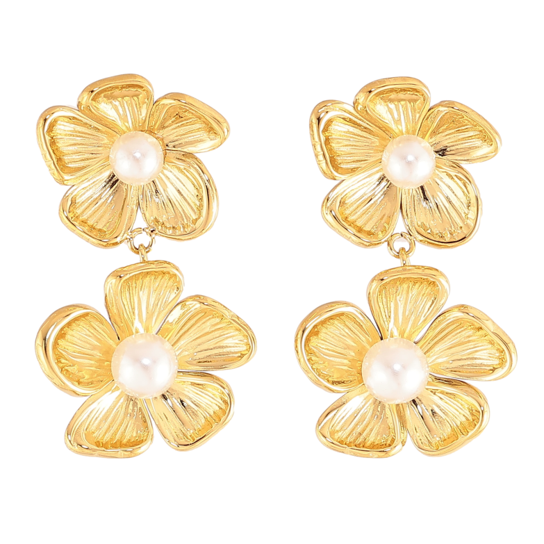 Сережки Нержавіюча сталь пусети "Квіткові підвіски з перлинами" фото №4 Сережки Нержавіюча сталь пусети "Квіткові підвіски з перлинами" фото №4