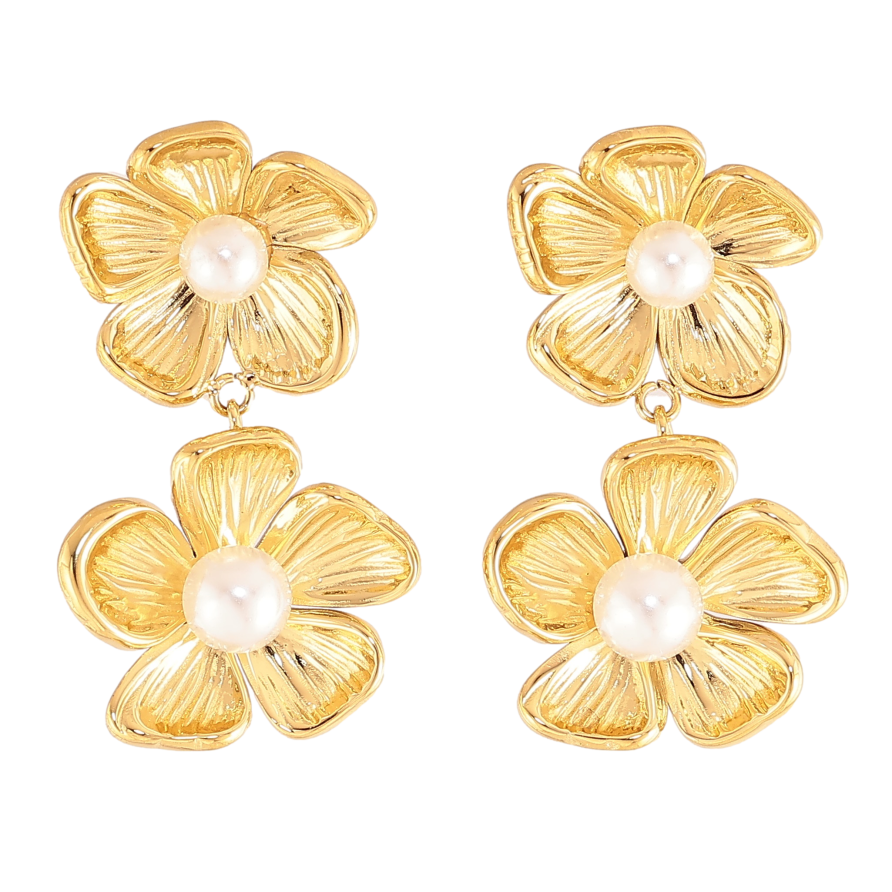 Сережки Нержавіюча сталь пусети "Квіткові підвіски з перлинами" фото №1 Сережки Нержавіюча сталь пусети "Квіткові підвіски з перлинами" фото №1