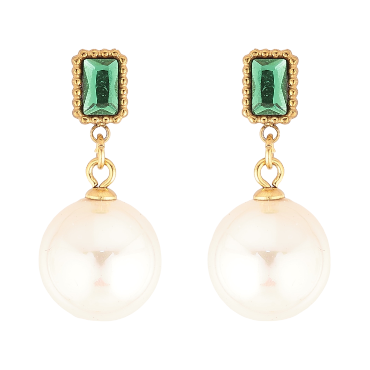 Сережки Нержавіюча сталь пусети "Перлинні підвіски із зеленими кристалами" фото №13