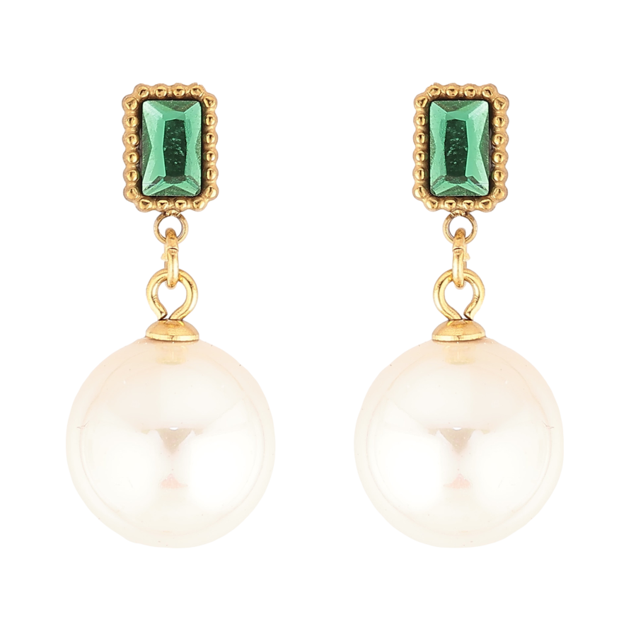 Серьги Нержавеющая сталь пусеты "Жемчужные подвески с зелеными кристаллами" фото №1 Серьги Нержавеющая сталь пусеты "Жемчужные подвески с зелеными кристаллами" фото №1