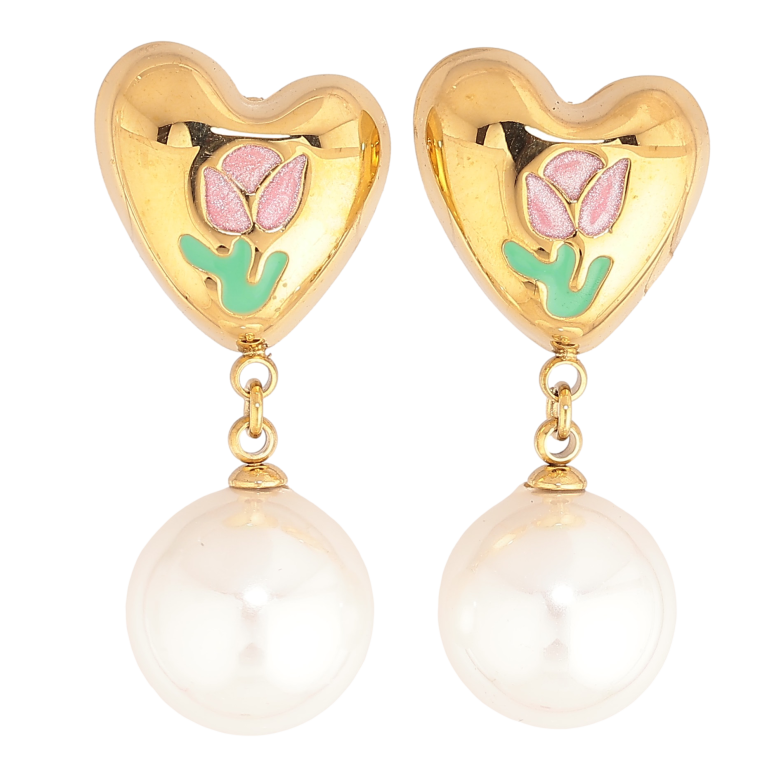 Серьги Нержавеющая сталь пусеты "Сердечки с узором цветочки и жемчужными подвесками" фото №2