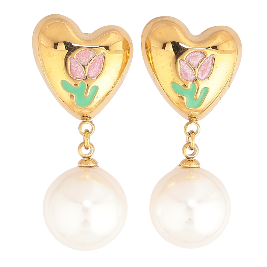 Серьги Нержавеющая сталь пусеты "Сердечки с узором цветочки и жемчужными подвесками" фото №1