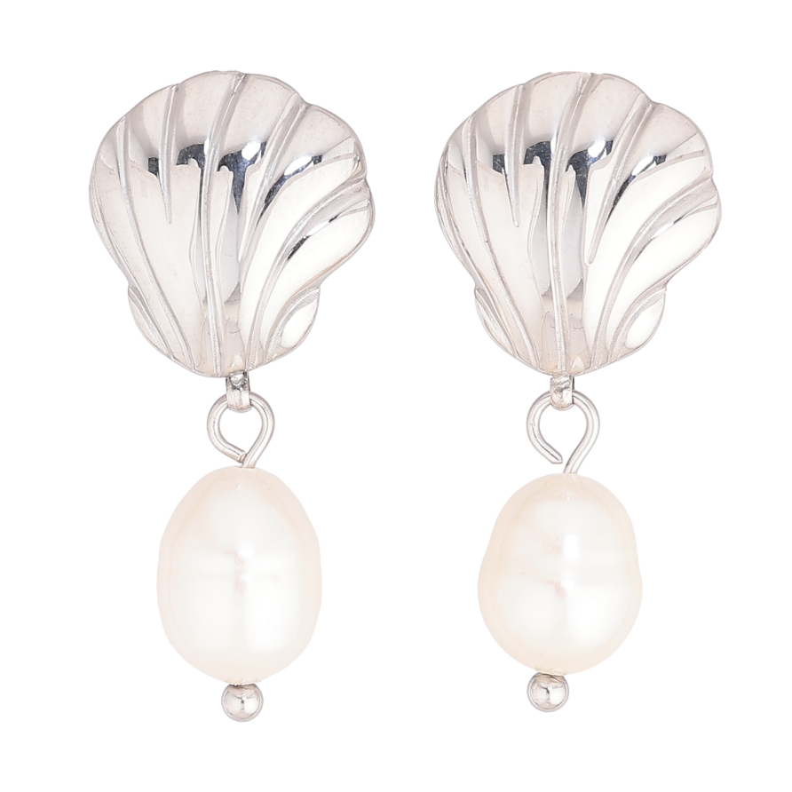 Серьги Нержавеющая сталь пусеты "Ракушки с жемчужными подвесками" фото №1