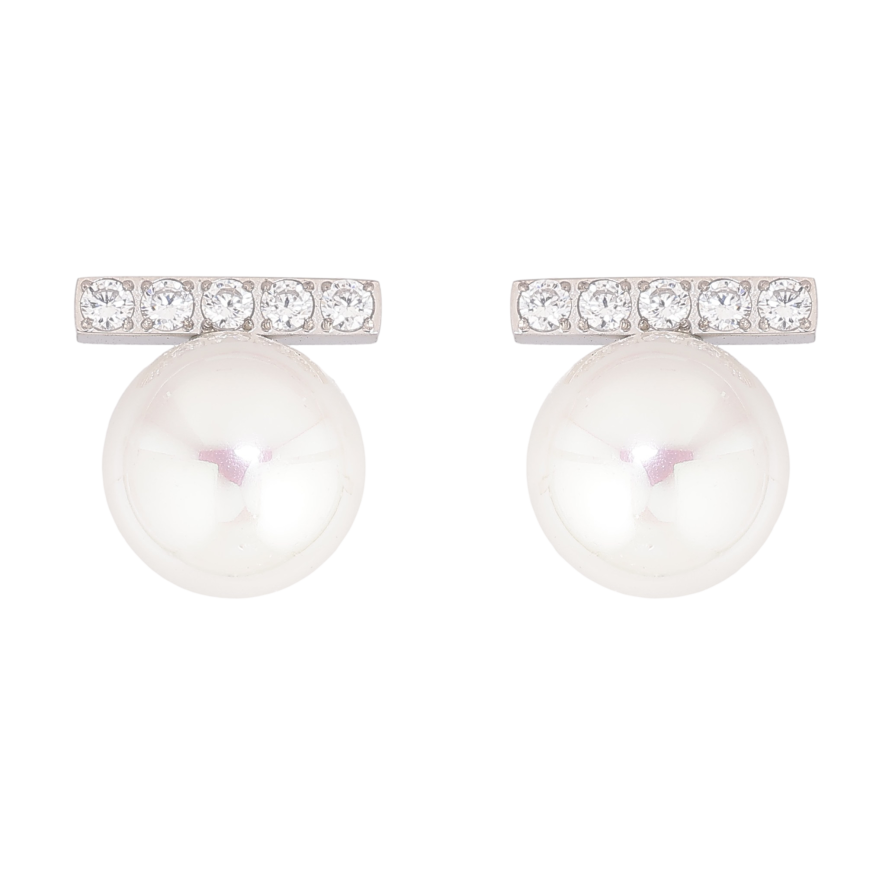 Серьги Нержавеющая сталь пусеты "Жемчужины с кристальными дорожками" фото №1