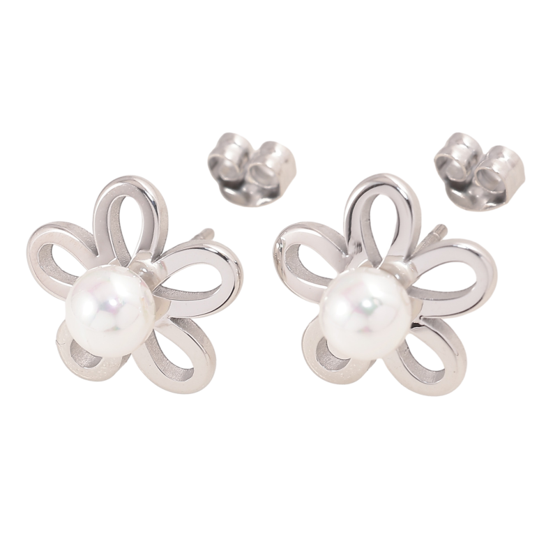 Серьги Нержавеющая сталь пусеты "Цветочки с жемчужинами" фото №1