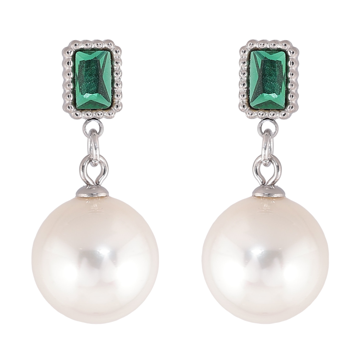 Серьги Нержавеющая сталь пусеты "Зеленые кристаллы с жемчужными подвесками" фото №18