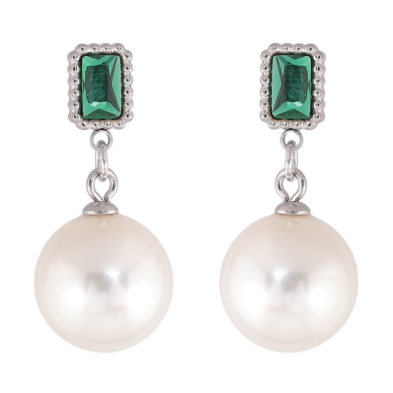 Серьги Нержавеющая сталь пусеты "Зеленые кристаллы с жемчужными подвесками" фото №1