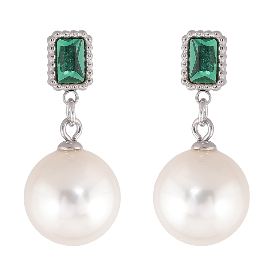 Серьги Нержавеющая сталь пусеты "Зеленые кристаллы с жемчужными подвесками" фото №1
