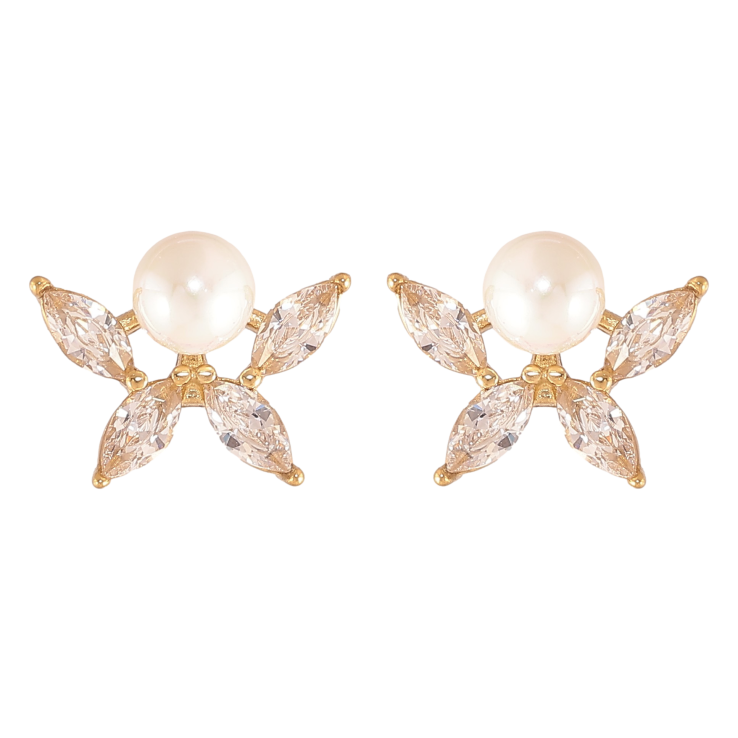 Сережки Нержавіюча сталь пусети "Кристальні квіточки з перлинами" фото №7