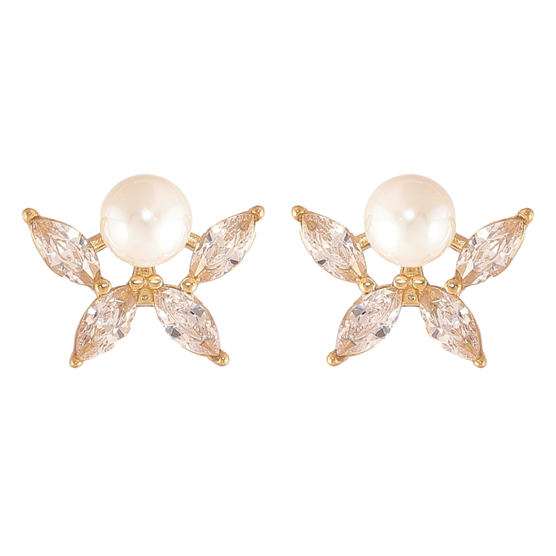 Сережки Нержавіюча сталь пусети "Кристальні квіточки з перлинами" фото №1 Сережки Нержавіюча сталь пусети "Кристальні квіточки з перлинами" фото №1