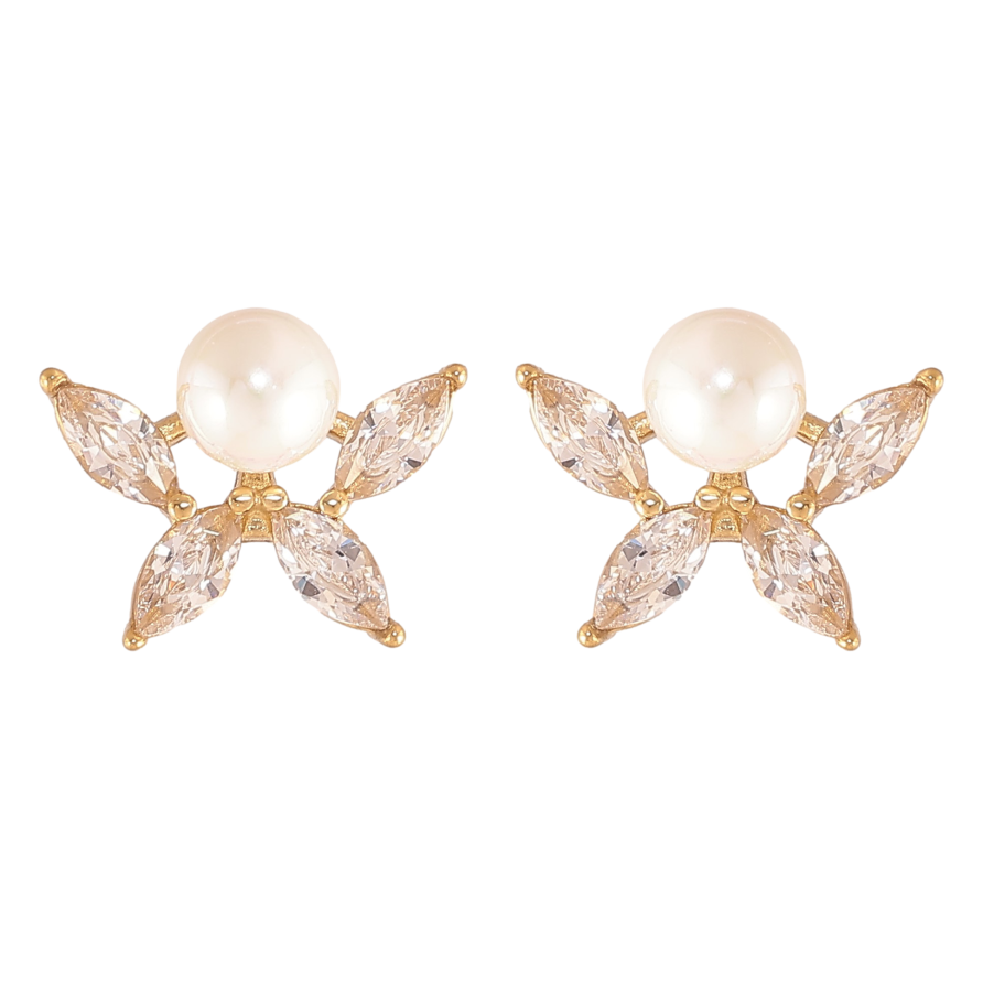 Сережки Нержавіюча сталь пусети "Кристальні квіточки з перлинами" фото №1