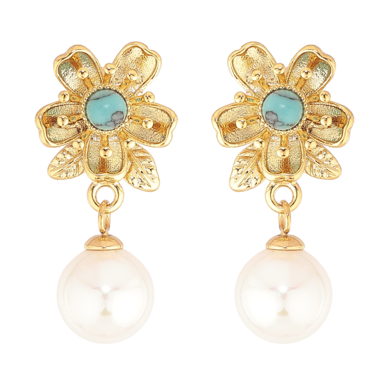 Сережки Нержавіюча сталь пусети "Квіточки з блакитними кристалами та перлинами" фото №1 Сережки Нержавіюча сталь пусети "Квіточки з блакитними кристалами та перлинами" фото №1