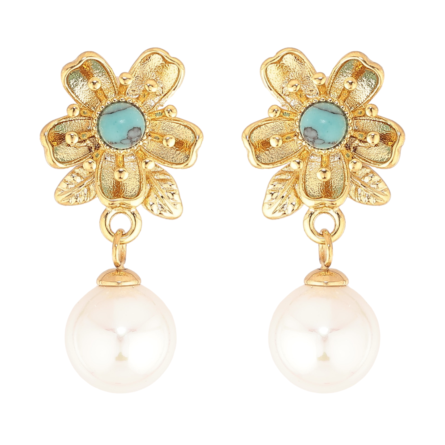 Сережки Нержавіюча сталь пусети "Квіточки з блакитними кристалами та перлинами" фото №1 Сережки Нержавіюча сталь пусети "Квіточки з блакитними кристалами та перлинами" фото №1