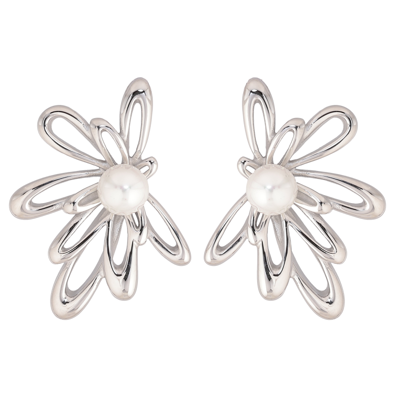 Серьги Нержавеющая сталь пусеты "Цветочки с жемчужинами" фото №2