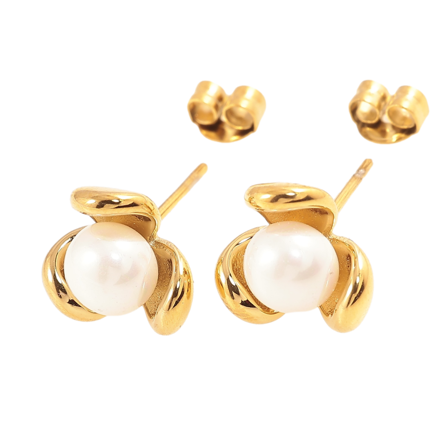 Сережки Нержавіюча сталь пусети "Квіточки з перлинами" фото №1 Сережки Нержавіюча сталь пусети "Квіточки з перлинами" фото №1