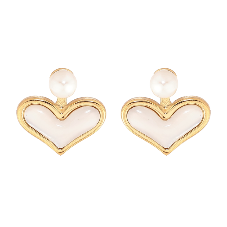 Сережки Нержавіюча сталь пусети "Сердечки з перламутровими вставками та перлинами" фото №4