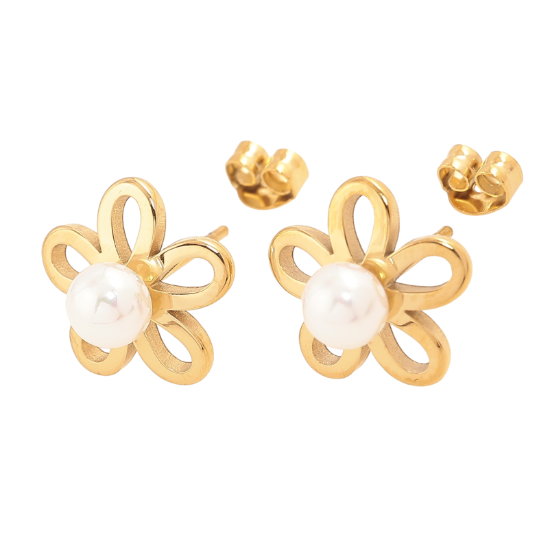 Сережки Нержавіюча сталь пусети "Квіточки з перлинами" фото №1 Сережки Нержавіюча сталь пусети "Квіточки з перлинами" фото №1