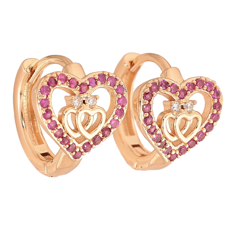 Серьги Xuping M&L цвет 18K колечки "Сердечки с малиновыми кристаллами" фото №3