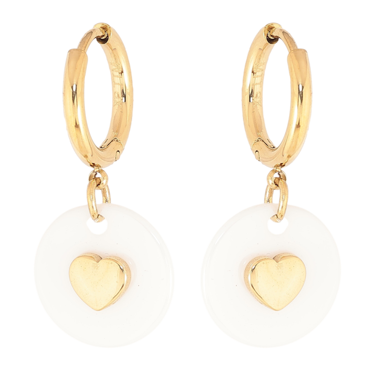 Сережки Xuping TTM Stainless Steel колір 14К підвіски на колечках "Кільця білої кераміки з візерунком серця" фото №12