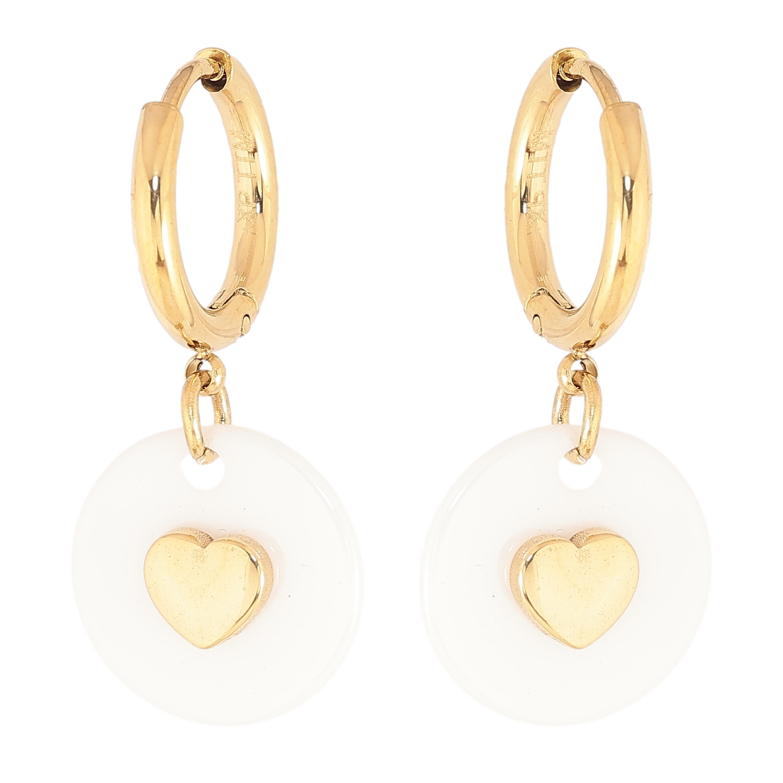 Серьги Xuping TTM Stainless Steel цвет 14К подвески на колечках "Колечки белой керамики с узором сердечко" фото №1