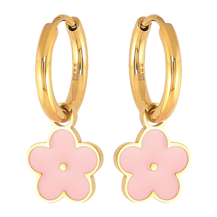 Сережки Xuping TTM Stainless Steel колір 14К підвіски на колечках "Квіточки з рожевою емаллю" 2 в 1 фото №14