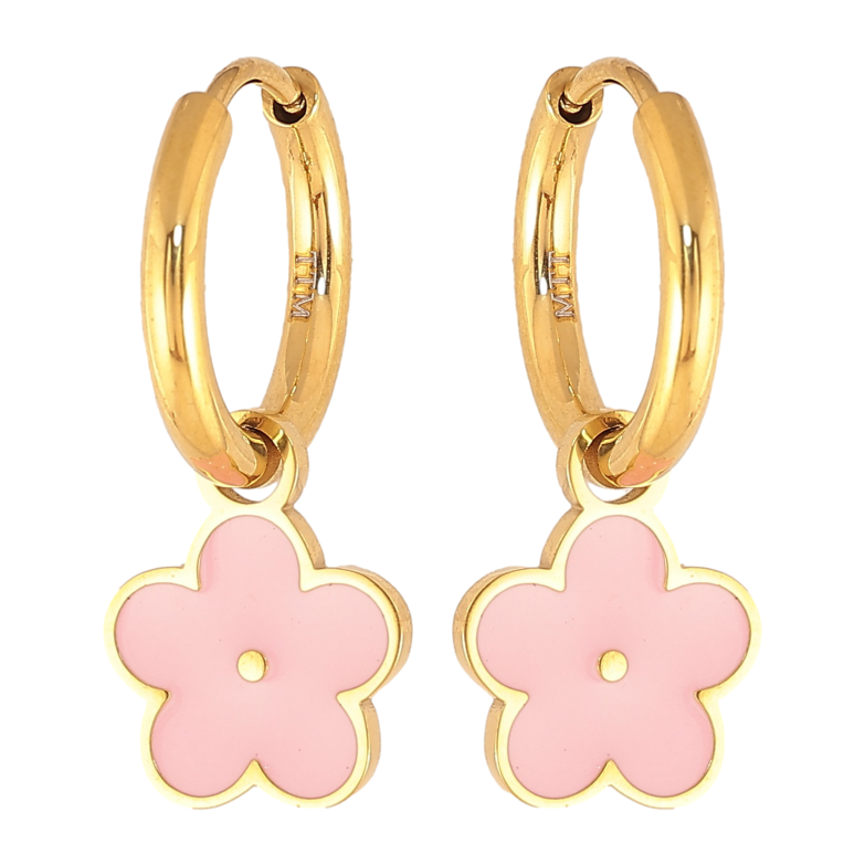 Сережки Xuping TTM Stainless Steel колір 14К підвіски на колечках "Квіточки з рожевою емаллю" 2 в 1 фото №1