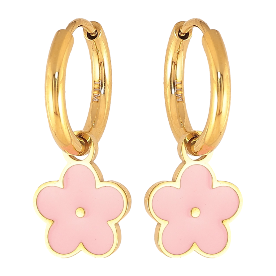 Сережки Xuping TTM Stainless Steel колір 14К підвіски на колечках "Квіточки з рожевою емаллю" 2 в 1 фото №1