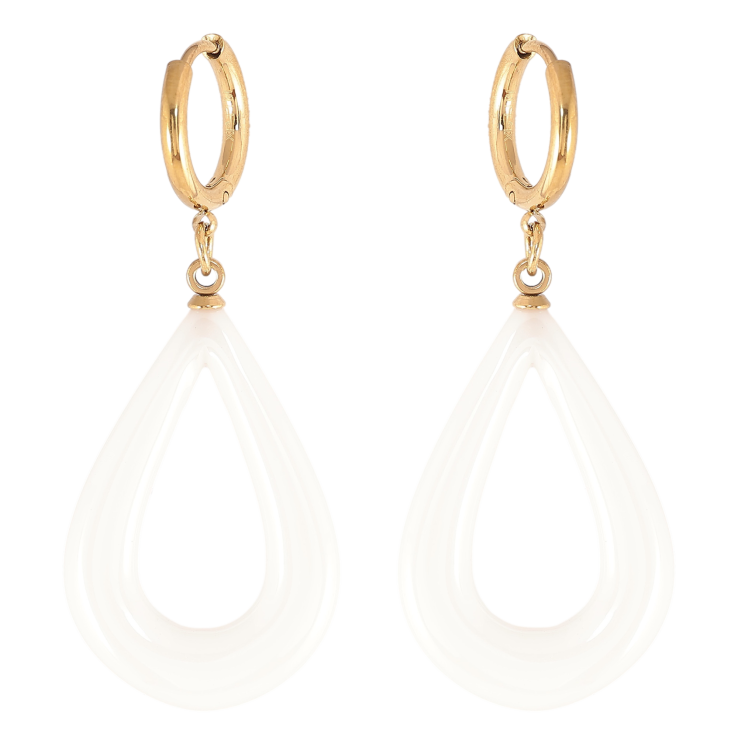 Сережки Xuping TTM Stainless Steel колір 14К підвіски на колечках "Білі керамічні крапельки" фото №4