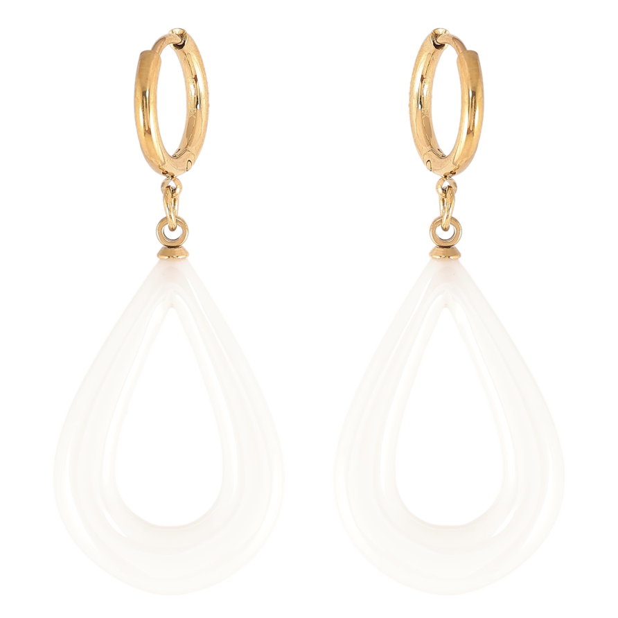 Сережки Xuping TTM Stainless Steel колір 14К підвіски на колечках "Білі керамічні крапельки" фото №1