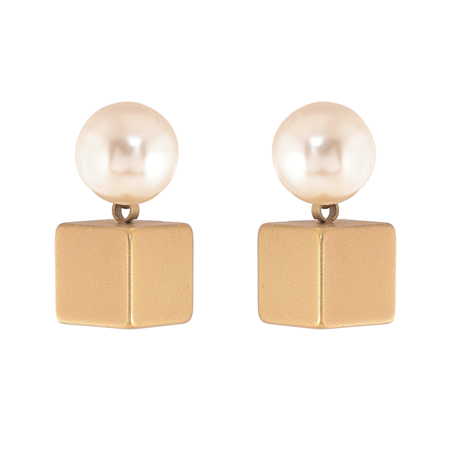 Сережки Xuping TTM Stainless Steel колір 14К пусети перлини з кубиками фото №1