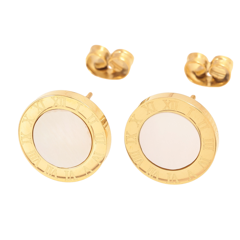 Серьги Xuping TTM Stainless Steel цвет 14К пусеты "Циферблат с перламутровыми вставками" ø 10мм фото №1 Серьги Xuping TTM Stainless Steel цвет 14К пусеты "Циферблат с перламутровыми вставками" ø 10мм фото №1