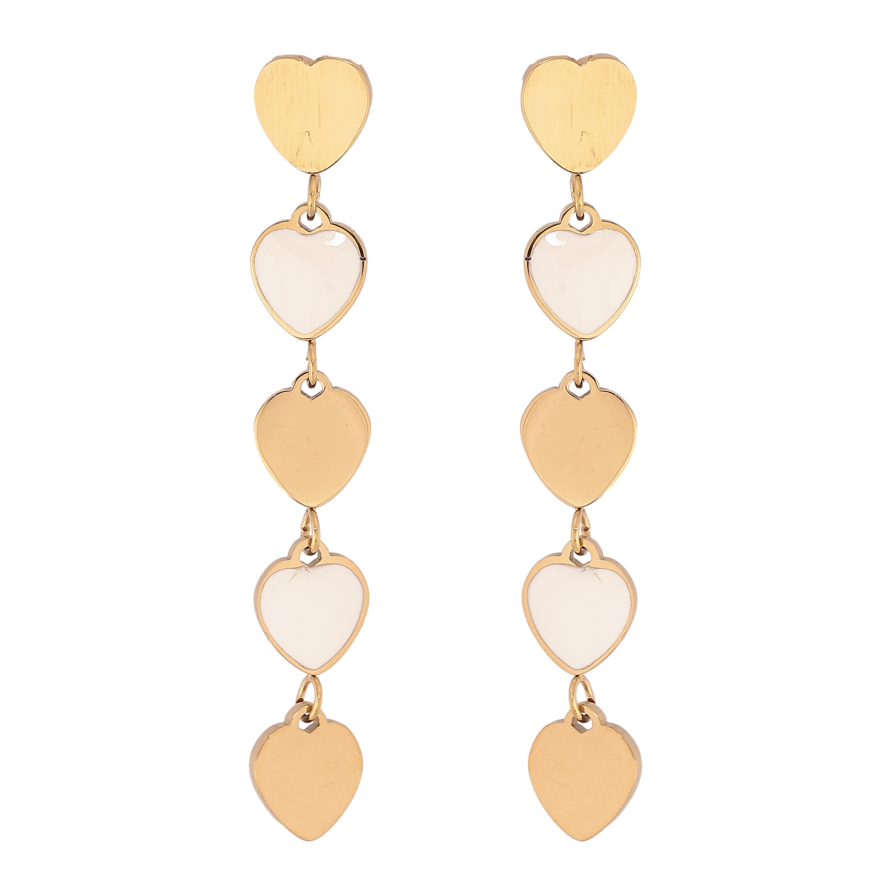 Серьги Xuping TTM Stainless Steel цвет 14К пусеты "Сердечки с белой эмалью" фото №1